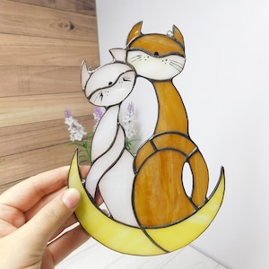 Stained glass cats, Cats on the moon, cats in love, pair of glass cats, Glass Cat Suncatcher, Window Hanging Cat, Wall Hanging, glass moon