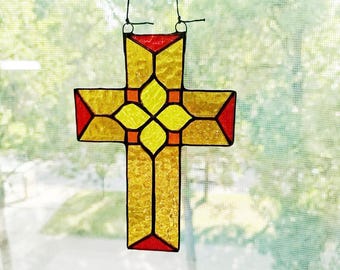 Stained glass cross, memorial suncatcher, handmade faith gift, religious suncatcher