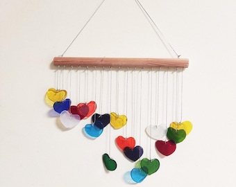 Mobile in vetro con cuori, cuori in vetro colorato, acchiappasole arcobaleno a forma di cuore, appendiabiti per camera da letto delle ragazze, mobile acchiappasole, decorazione Love