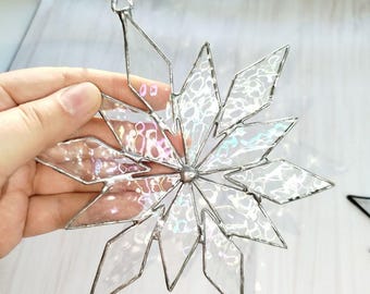 Iridescent snowflake, Stained glass Snowflake Decoration, Christmas Tree Decor