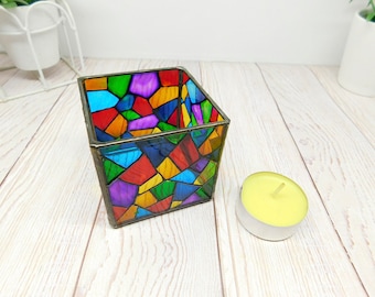 Geometric candle holder, Stained glass Bright candlestick, romantic gift for the home