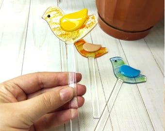 Fused Glass Bird Plant Stake, Garden Decor, Suncatcher Ornament gift for wife
