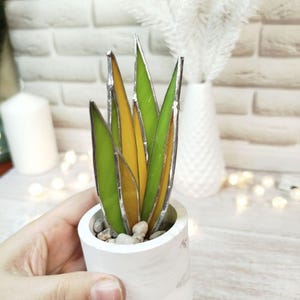 Agave stained glass, handmade fake plant decor suncatcher, Nature Desktop Succulent