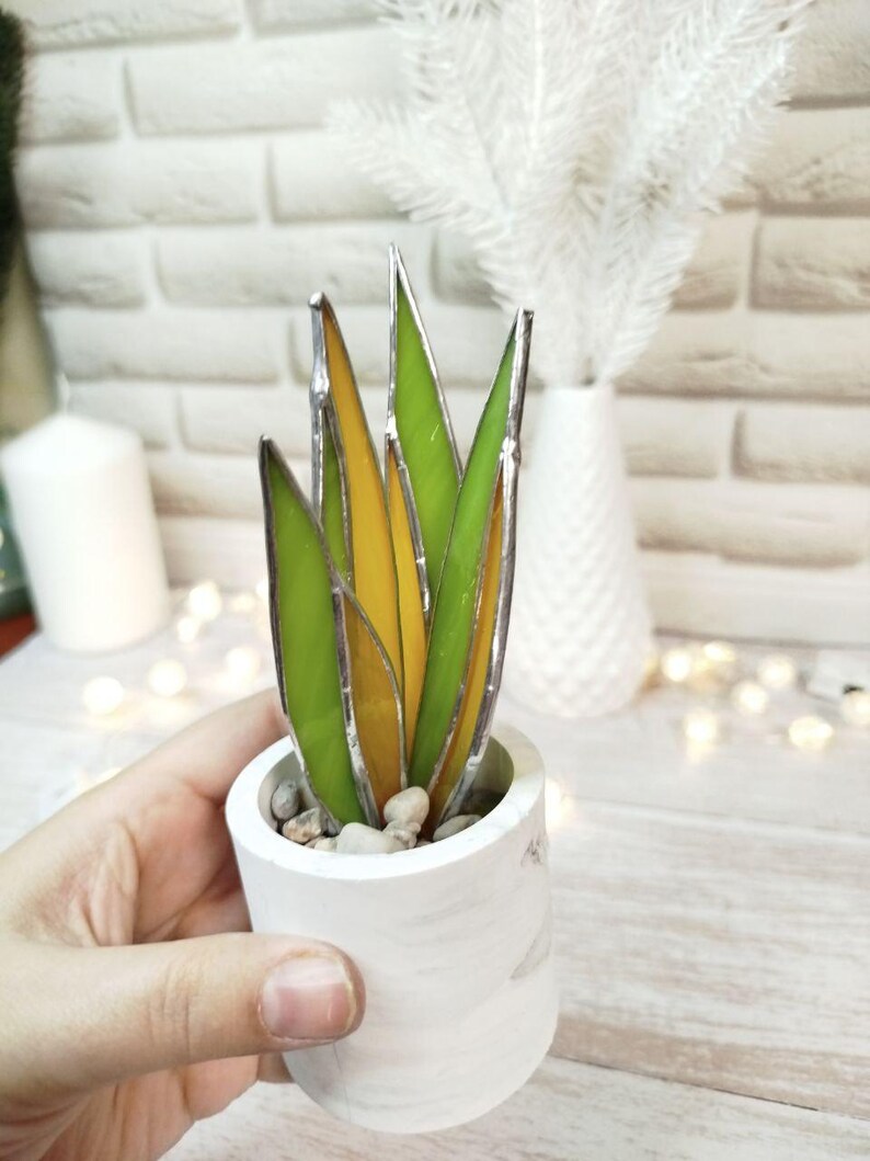 Agave stained glass, handmade fake plant decor suncatcher, Nature Desktop Succulent