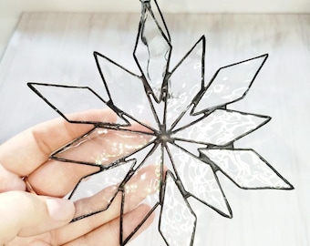 Iridescent Stained Glass Snowflake, Winter Suncatcher, Christmas Window Hanging, Handmade