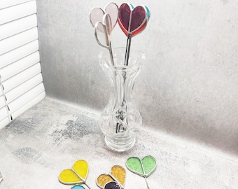 Stained Glass Heart Plant Stake, Handmade Heart Decor for Vase, Pot or Garden