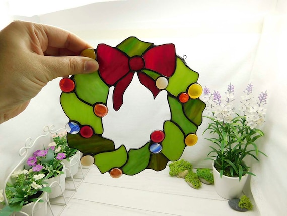 クリスマスリース ステンドグラス、手作りリース ヒイラギ クリスマス