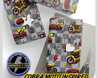 Papel de regalo con temática de moto de cross Cobra, papel de regalo personalizado, papel de regalo de motocross, papel de regalo de moto de cross, Cobra Moto, regalo de motocross