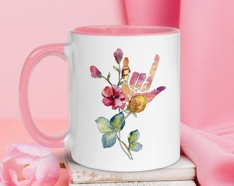 Deaf Pride American Sign Language "I Love You" Floral Mug