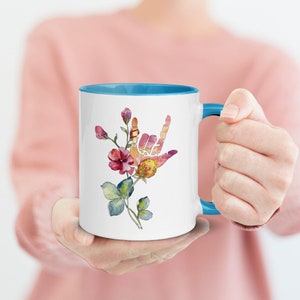 Deaf Pride American Sign Language I Love You Floral Mug Blue