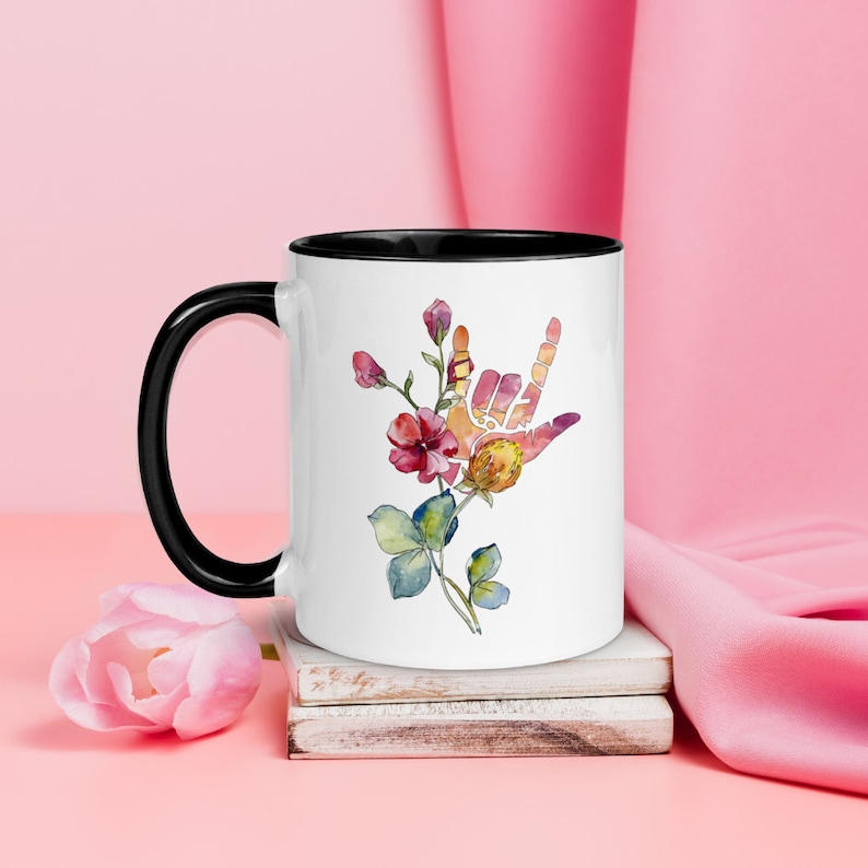 Deaf Pride American Sign Language I Love You Floral Mug Black