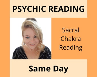Puede incluir: Gráfico naranja con el texto «PSYCHIC READING» en la parte superior. Debajo hay una foto de una mujer con cabello rubio. El texto «Sacral Chakra Reading» está a la derecha de la foto. El texto «Same Day» está en la parte inferior.