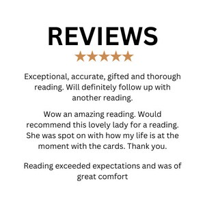 May include: White background with the word "REVIEWS" in bold black letters. Below the word are five gold stars. Text below the stars describes the reading as exceptional, accurate, gifted, and thorough.