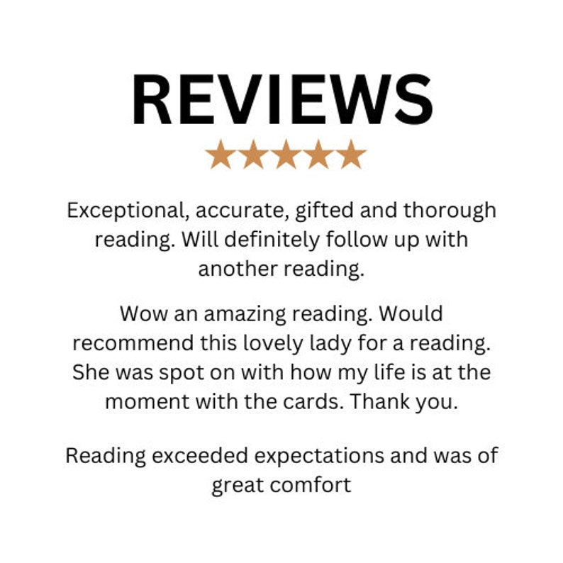May include: White background with the word "REVIEWS" in bold black letters. Below the word are five gold stars. Text below the stars describes the reading as exceptional, accurate, gifted, and thorough.
