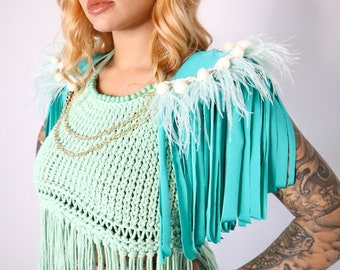 The Secret Garden Tassel Epaulettes - Mint Green Cream Feather Fringe - Festival Fashion - Performance and Drag Costume by The Disco Spirits