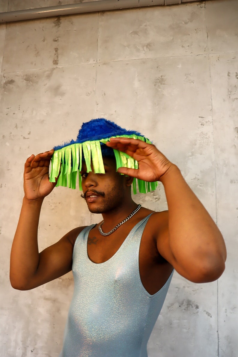 blue fur green tassel cowboy hat