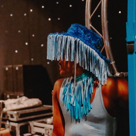 Handmade Furry Space Cowboy Hat – Holographic Tassel Rave Costume