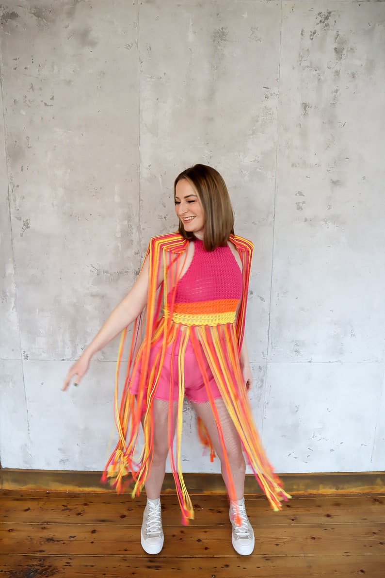 The Elrow Epaulettes Tassel Dress Pink Yellow Orange Macrame Beach Boho Festival Fashion Hand Made by The Disco Spirits image 5