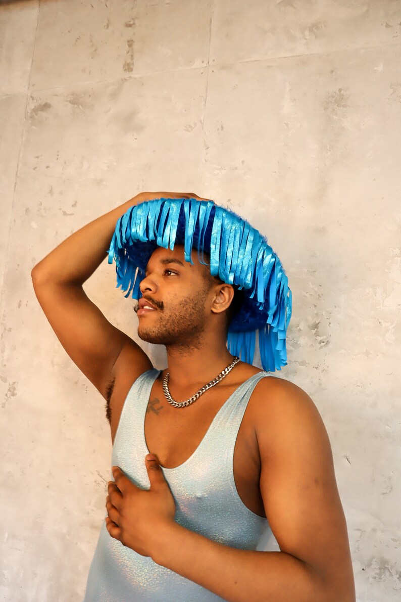 holographic blue fur tassel cowboy hat