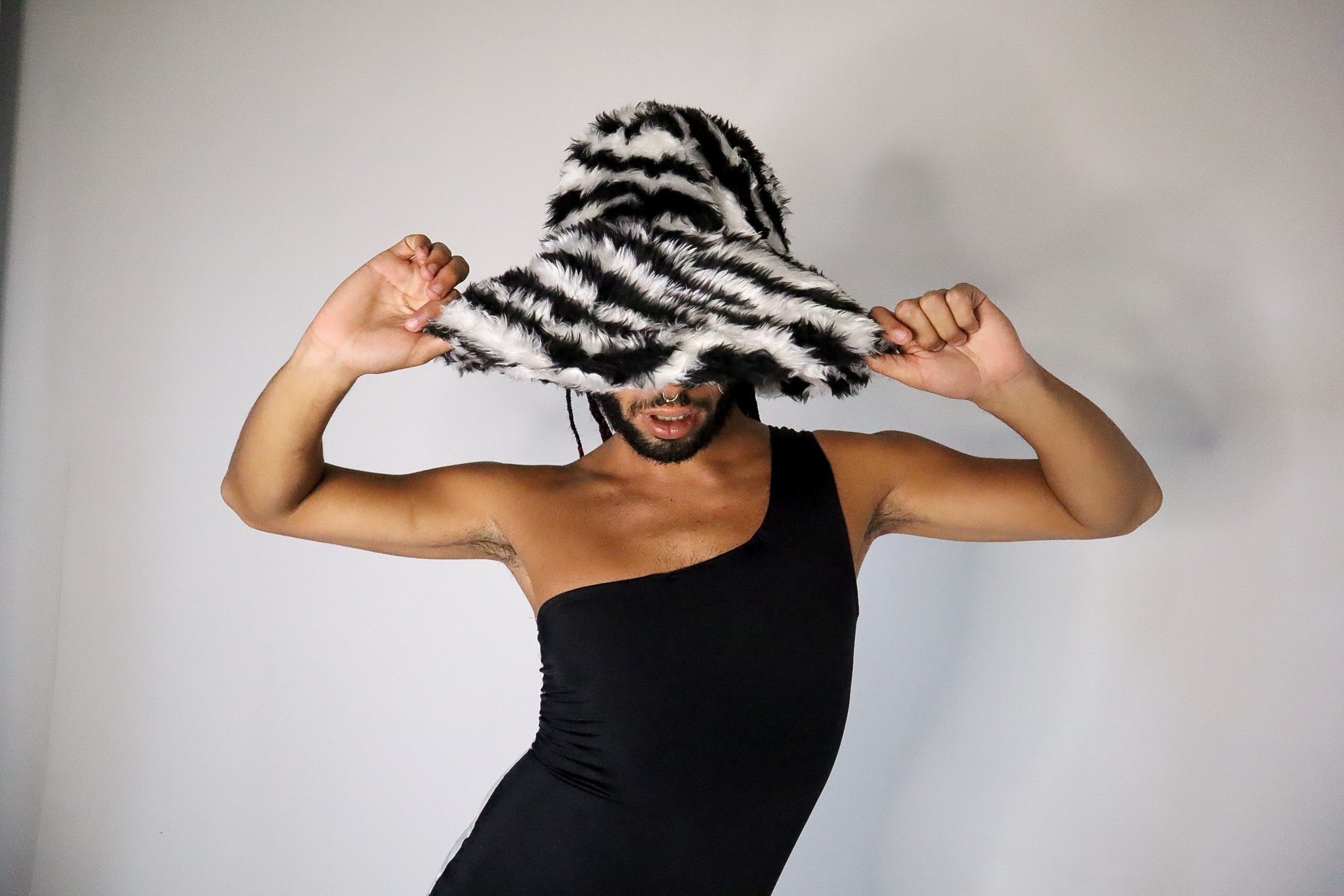 Handmade Zebra Faux Fur Bucket Hat – Rave, Festival Costume 