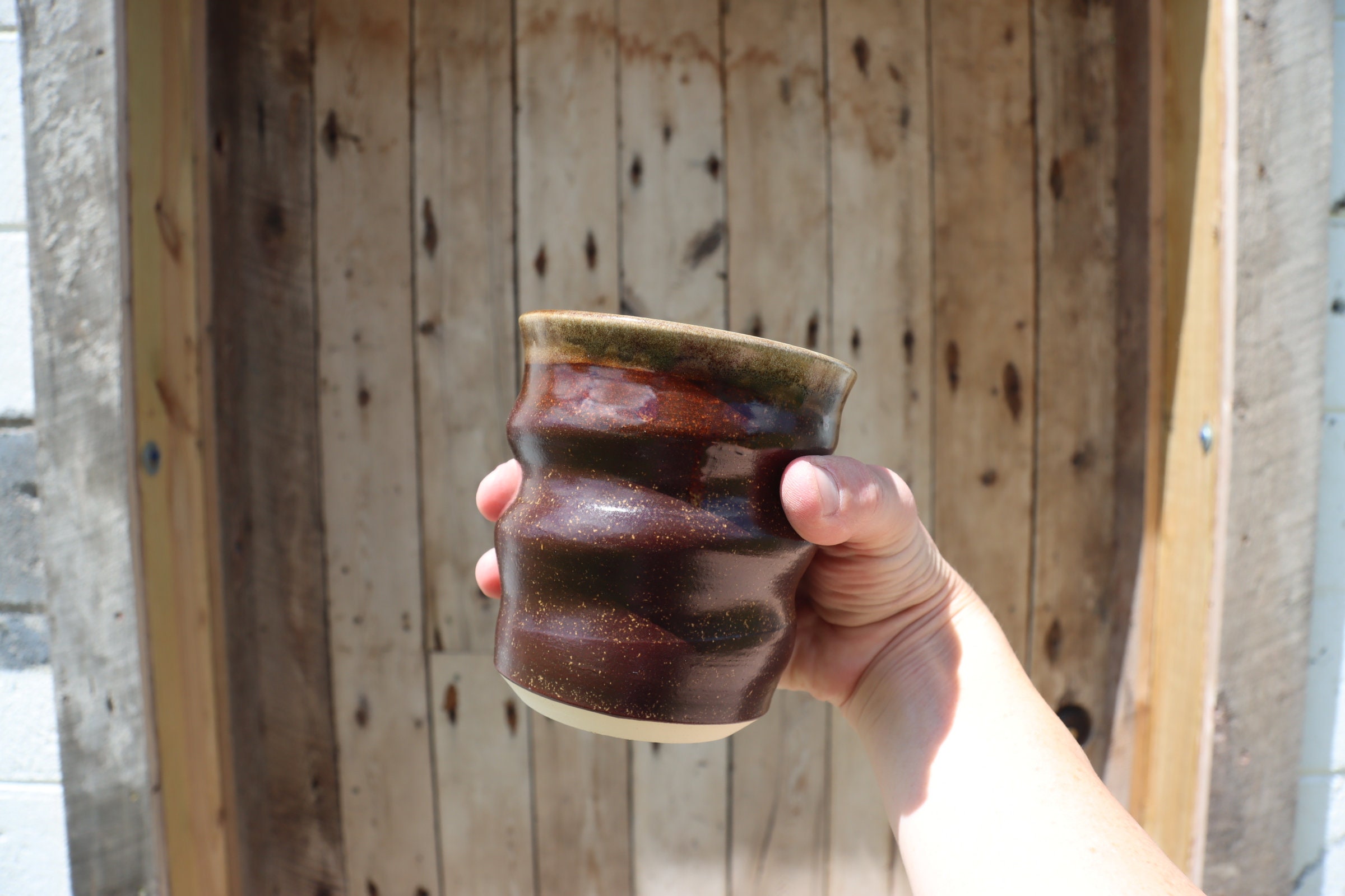 Pottery Tumbler Brown with Green Rim
