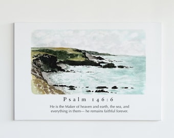 Psalm 146:6 “Faithful Forever” Seascape Watercolor Painting Bible Verse Art Printable Nature Ocean Scripture Wall Decor Christian Poster