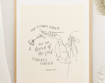 Isaiah 40:8 Flower Bible Verse Print | His Word Endures Scripture | Minimalist Neutral Printable PNG Digital Line Art Wall Decor