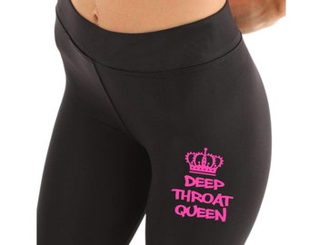 Leginsy Deep Throat Queen, personalizowane spodnie do jogi, odzież Hotwife, bawełniane czarne legginsy, legginsy organiczne, majtki do ćwiczeń, damskie treningi