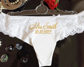 Mrs White Lace Thong Personalized, Wedding Lace Thong, Bridal Shower Gift, Bachelorette Lingerie, Bridal Thong Panties, Wedding Underwear