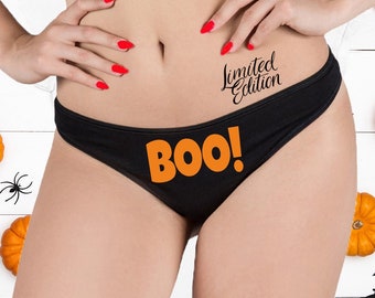 Halloween Ghost Boo Panties, Crotchess Lingerie, Halloween Costume , Pumpkin Panties, Boo Thong, Funny Halloween Black Thong