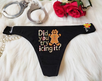 Naughty Christmas Thong – Funny Xmas Panties for Women – Personalized Holiday  – Christmas Cookie Lingerie Gift