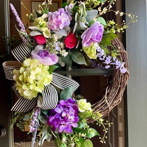 Spring Wreath For Front Door, Easter Wreath, Purple Lavender Wreath, Transitional Wreath, Large Summer Wreath, Chartreuse Wreath, Elegant