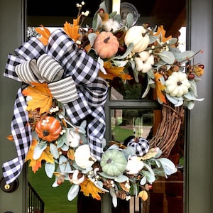 Buffalo plaid fall wreath-fall wreath with white pumpkins-lambs ear wreath with buffalo check-fall farmhouse wreath-transitional wreath