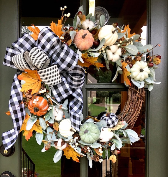 Buffalo plaid fall wreath-fall wreath with white | Etsy