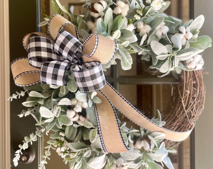 Farmhouse Wreath for Front Door, Lambs Ear Cotton Wreath, Transitional ...
