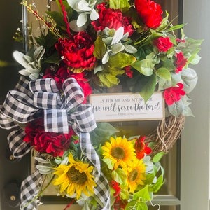 Sunflower Wreath for Front Door, Christian wreath, Joshua sign, buffalo plaid, red hydrangeas, spring summer, year round, Valentine wreath