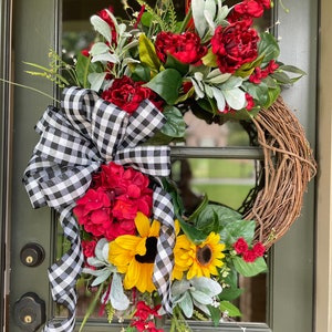 Sunflower Wreath for Front Door, buffalo plaid yellow sunflower, transitional, Everyday Romantic Wreath, Shabby chic, Year Round, all season