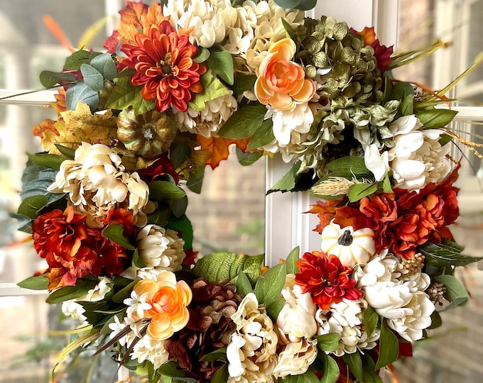 Large fall wreath for front door, peony wreath, hydrangea wreath, beige and orange wreath, transitional, autumn, white pumpkin, farmhouse