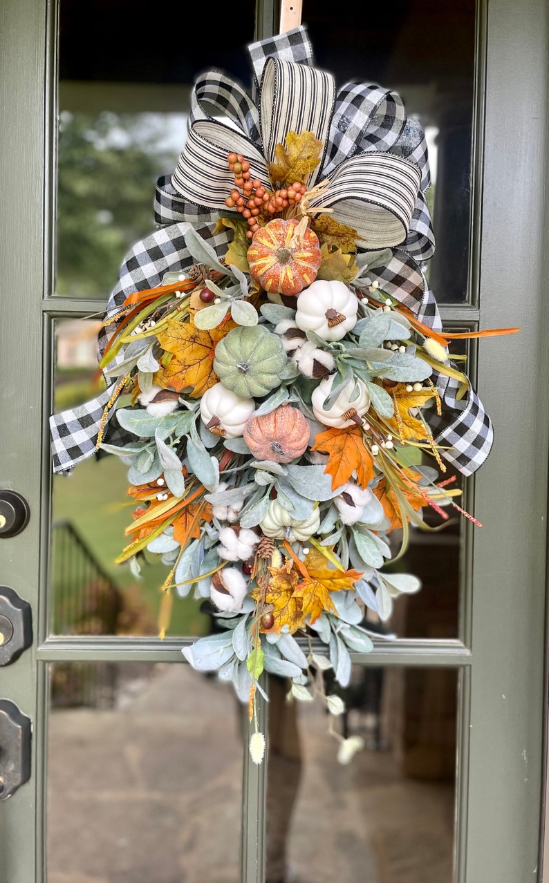 Fall Double Doors Swags Wreaths Blue Orange White Pumpkin Etsy