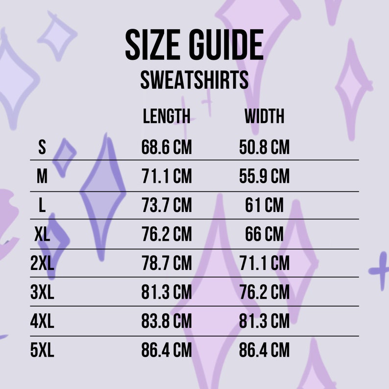May include: Size guide for sweatshirts with measurements in centimeters for sizes S through 5XL. The table shows length and width measurements for each size.