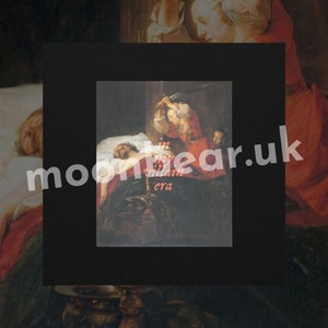 May include: A painting depicting a woman in red stabbing a man lying in bed. The painting is titled "in my villain era".