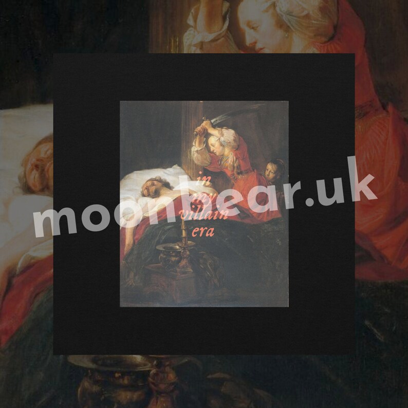 May include: A painting depicting a woman in red stabbing a man lying in bed. The painting is titled "in my villain era".
