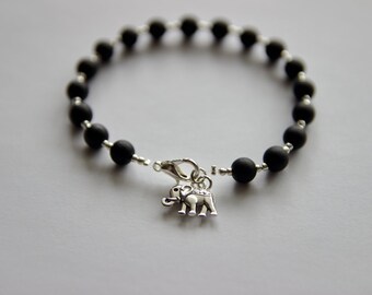 Black bracelet with Shungite mate stone and elephant symbol.Beaded jewelry, gift idea for Woman/Girlfriend/Best fried.Handmade accessories.