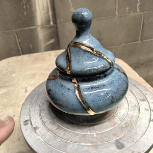 Kintsugi Style Ceramic Jar With Lid About 3 Inches Tall