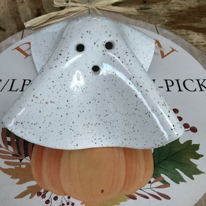 May include: White ceramic ghost with black eyes and a mouth, sitting on top of a pumpkin with fall leaves and berries around it. The background is a white surface with the words "Fall Pick" written on it.