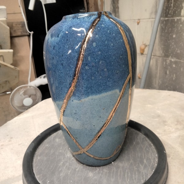 Kintsugi Style Vase  Pottery Stoned Denim  Color