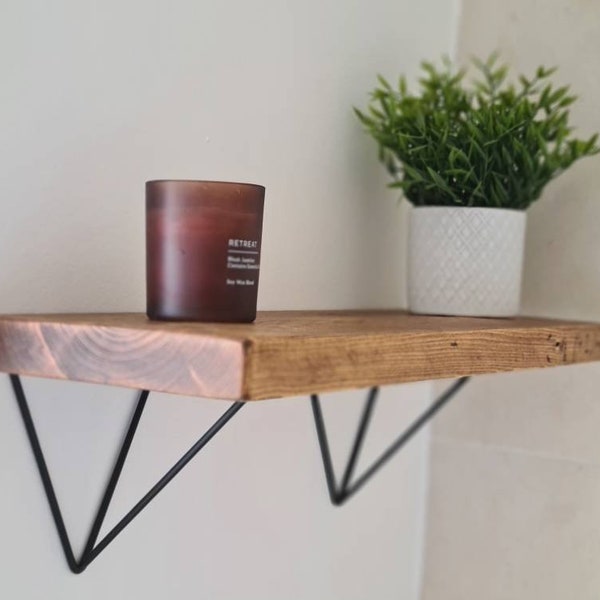 Rustic reclaimed wood shelf with hairpin prism brackets. Handmade to order