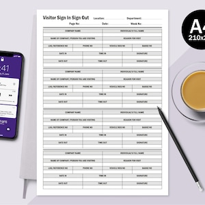Visitor Sign In And Sign Out Log Sheet, A4 210mm x 298mm, PDF/JPG Digital Printable Downloadable Files, Daily Office Register Record Form