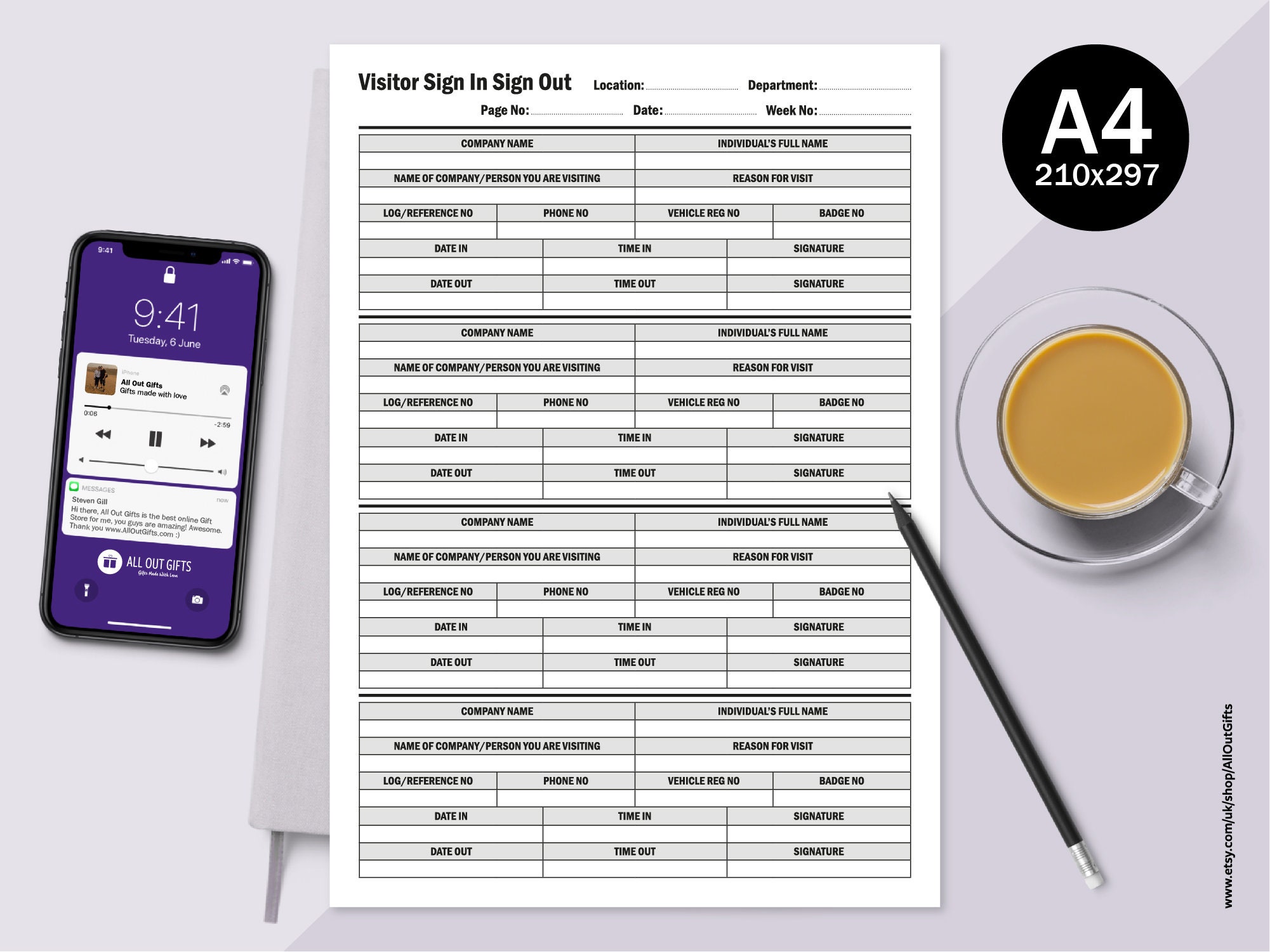 Visitor Sign in and Sign Out Log Sheet, A4 210mm X 298mm, PDF/JPG ...