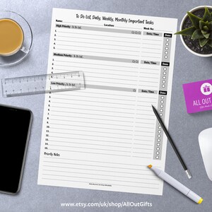 May include: A printable to-do list with sections for high, medium, and low priority tasks. The list includes space for the task name, location, date and time, and a checkbox to mark the task as complete.